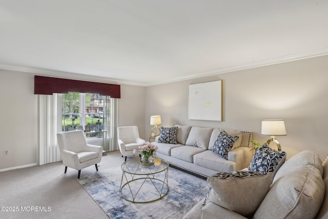 living area featuring light colored carpet, baseboards, and ornamental molding