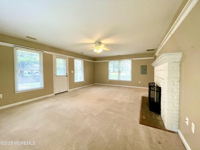 5 Laurel Ave, Toms River, NJ 08753 - unfurnished living room featuring a ceiling fan, electric panel, visible vents, light carpet, and baseboards