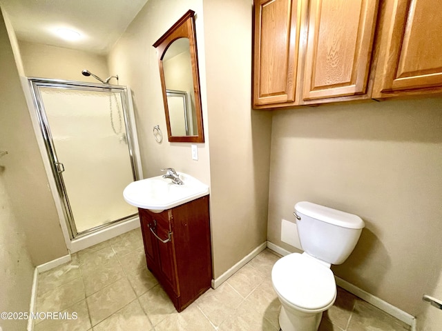 5 Laurel Ave, Toms River, NJ 08753 - bathroom featuring baseboards, toilet, vanity, tile patterned flooring, and a stall shower