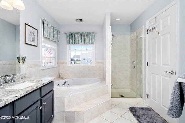 1306 Wickford Ln, Lanoka Harbor, NJ 08734 - bathroom featuring visible vents, a bath, vanity, tile patterned floors, and a stall shower