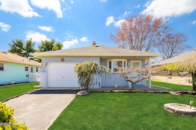 ranch-style home featuring a fire pit, an attached garage, a chimney, a front lawn, and driveway