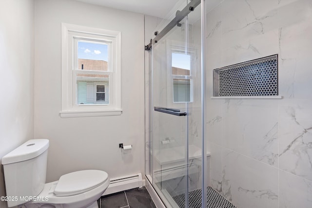 bathroom with toilet, a shower stall, marble finish floor, and a baseboard heating unit