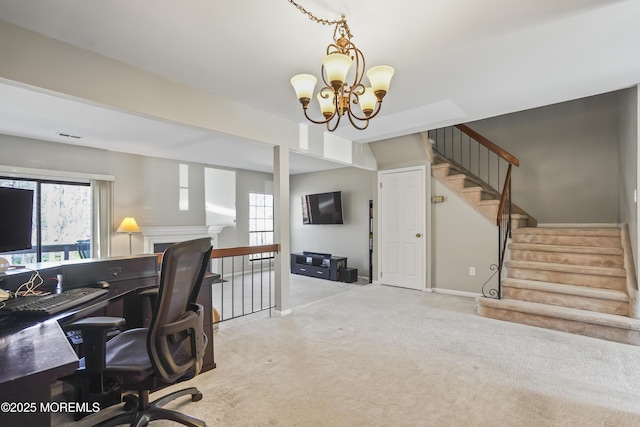 office space with baseboards, carpet flooring, and an inviting chandelier