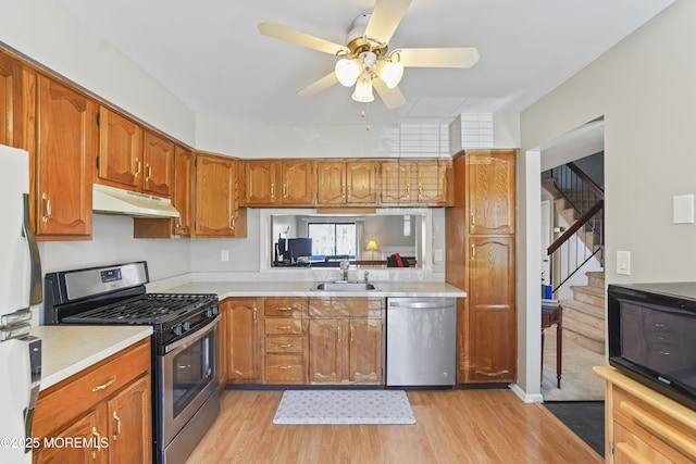 kitchen with a sink, light wood finished floors, under cabinet range hood, and stainless steel appliances