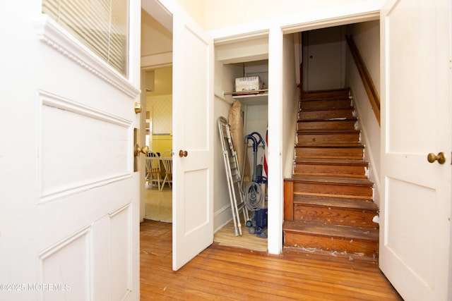 stairs featuring wood finished floors