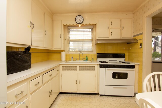 kitchen with ornamental molding, plenty of natural light, under cabinet range hood, a sink, and white electric stove