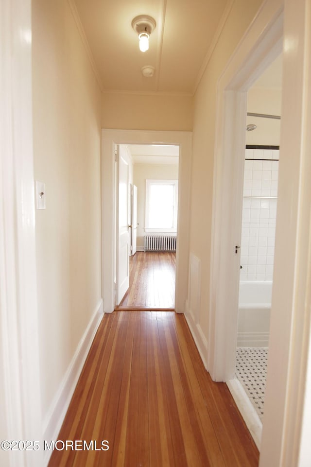 corridor featuring wood-type flooring, baseboards, ornamental molding, and radiator heating unit