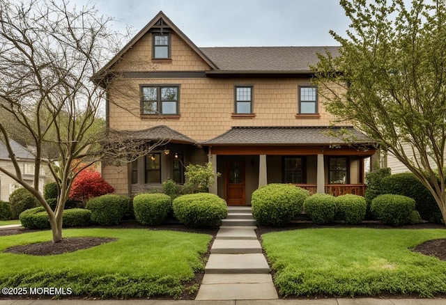 view of front of property with a porch, a shingled roof, and a front lawn