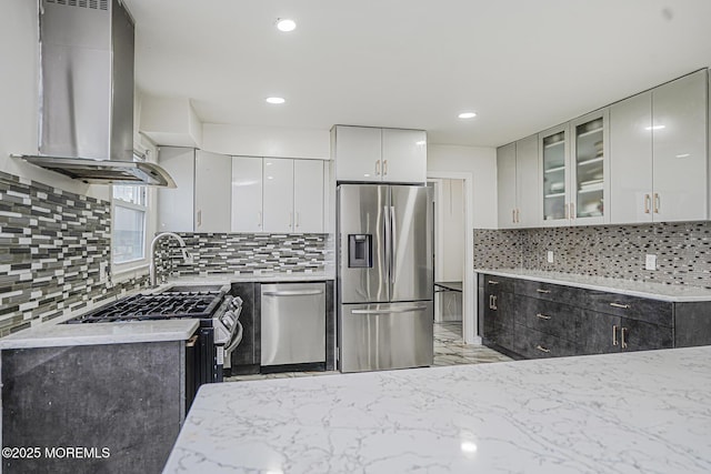56 Dutch Rd, East Brunswick, NJ 08816 - kitchen with island exhaust hood, backsplash, glass insert cabinets, and stainless steel appliances