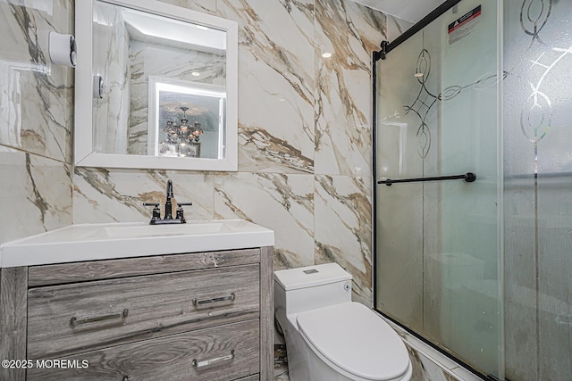 56 Dutch Rd, East Brunswick, NJ 08816 - bathroom with toilet, vanity, a shower stall, and tile walls