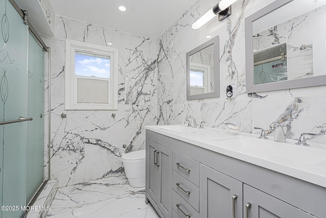 56 Dutch Rd, East Brunswick, NJ 08816 - bathroom featuring toilet, marble finish floor, a sink, and a shower stall