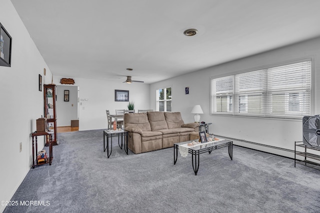 9 Banning Ct, Toms River, NJ 08757 - carpeted living area featuring visible vents, baseboard heating, and ceiling fan