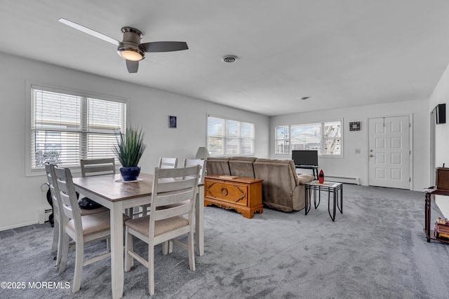 9 Banning Ct, Toms River, NJ 08757 - dining space with visible vents, a baseboard radiator, a ceiling fan, and light carpet