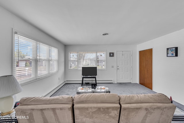 9 Banning Ct, Toms River, NJ 08757 - carpeted living area featuring a baseboard heating unit, baseboards, and visible vents