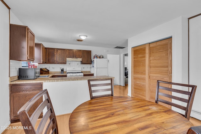 9 Banning Ct, Toms River, NJ 08757 - kitchen featuring tasteful backsplash, tile counters, white appliances, a peninsula, and visible vents