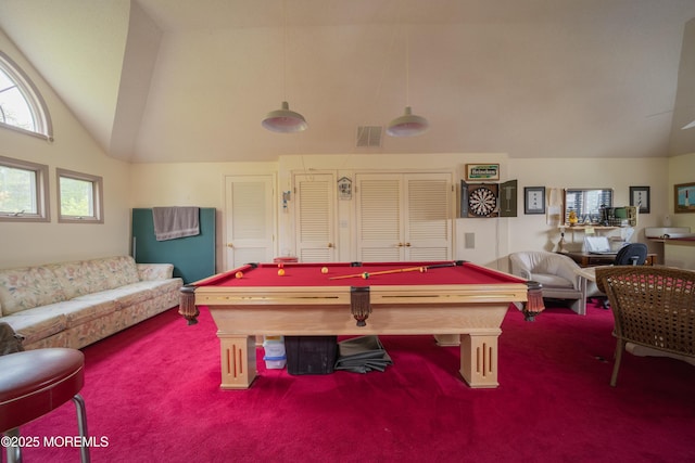 349 Harbor Vw, Forked River, NJ 08731 - rec room featuring carpet flooring, billiards, and high vaulted ceiling