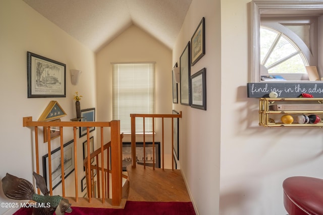 349 Harbor Vw, Forked River, NJ 08731 - corridor featuring an upstairs landing, vaulted ceiling, and wood finished floors