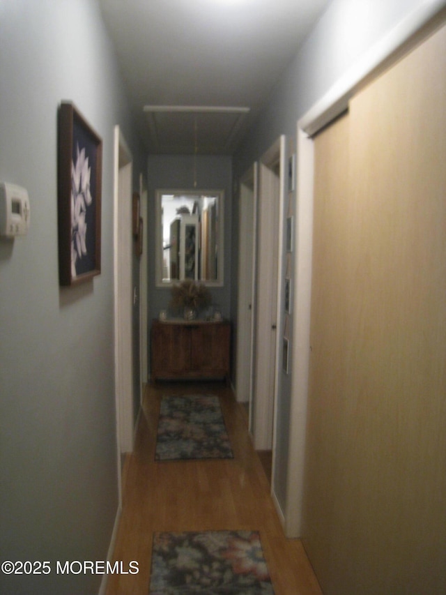 hall with attic access and wood finished floors