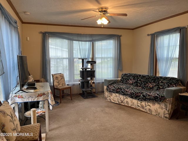 6 Raccoon Ave, Whiting, NJ 08759 - living room featuring ornamental molding, a textured ceiling, carpet floors, and ceiling fan