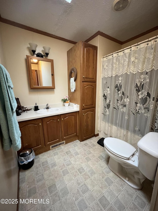 6 Raccoon Ave, Whiting, NJ 08759 - full bath featuring toilet, crown molding, vanity, a textured ceiling, and curtained shower