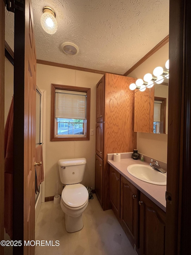 6 Raccoon Ave, Whiting, NJ 08759 - full bath featuring vanity, toilet, a shower, ornamental molding, and a textured ceiling