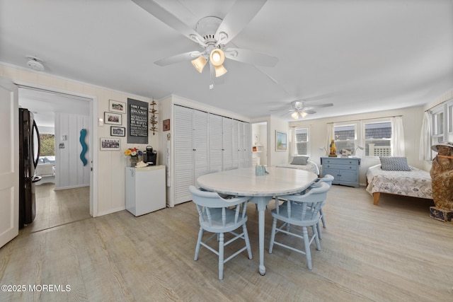 dining area featuring a wealth of natural light, light wood-style floors, and a ceiling fan