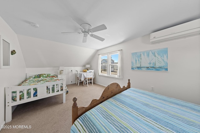 bedroom with a wall mounted AC, ceiling fan, lofted ceiling, and carpet floors