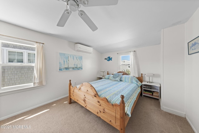 bedroom with carpet flooring, an AC wall unit, baseboards, and a ceiling fan