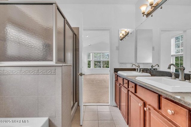 3 Marlborough Ct, Jackson, NJ 08527 - bathroom with a shower stall, double vanity, a sink, and tile patterned flooring