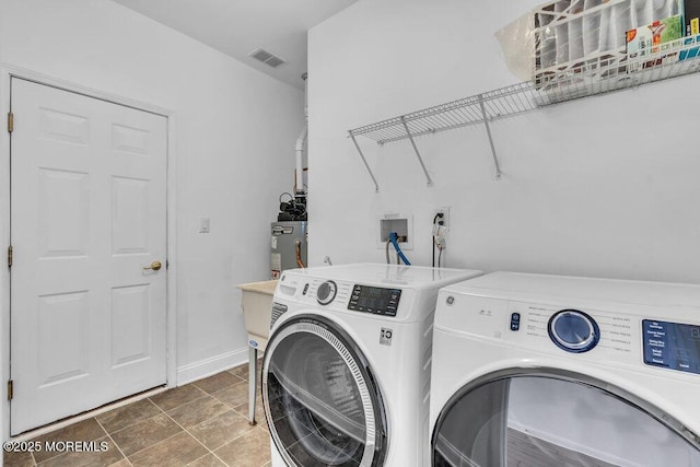 3 Marlborough Ct, Jackson, NJ 08527 - laundry room featuring visible vents, baseboards, laundry area, water heater, and washing machine and clothes dryer