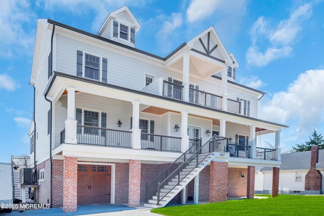 1417 Holmes Ave, Toms River, NJ 08753 - coastal home with brick siding, covered porch, a balcony, an attached garage, and central air condition unit