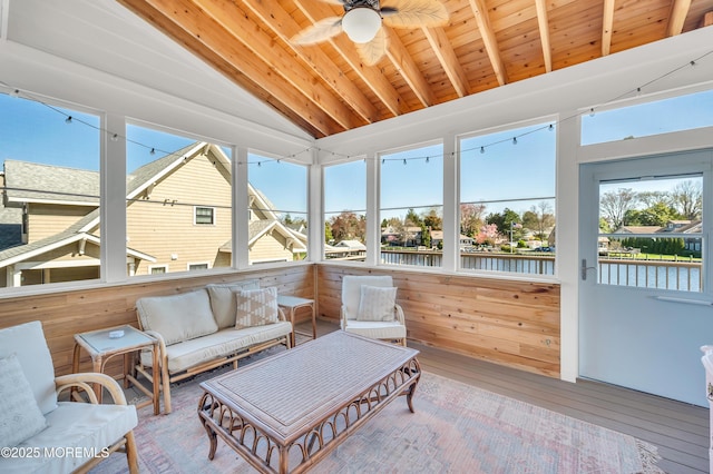 1417 Holmes Ave, Toms River, NJ 08753 - sunroom with wooden ceiling, a water view, wood finished floors, and wooden walls