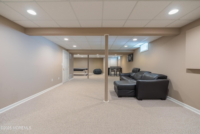 living area featuring carpet floors, recessed lighting, and baseboards