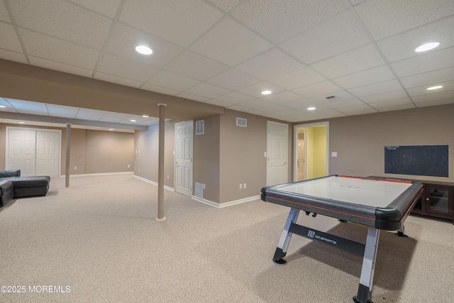 playroom featuring carpet flooring, recessed lighting, and visible vents