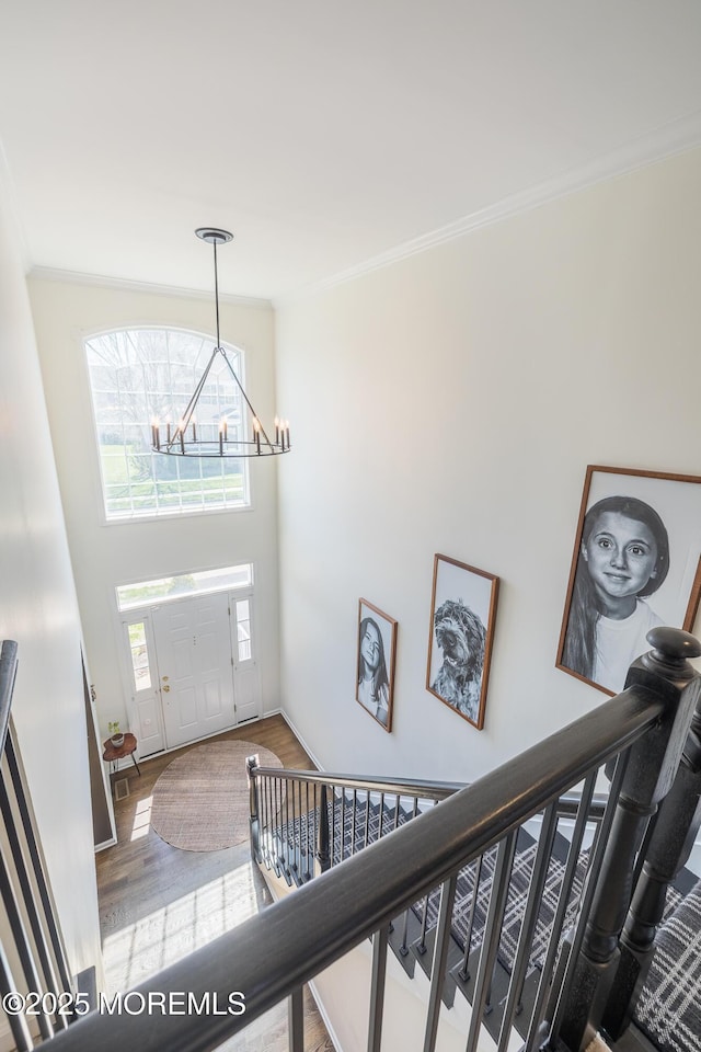 foyer with crown molding, a notable chandelier, stairs, and wood finished floors
