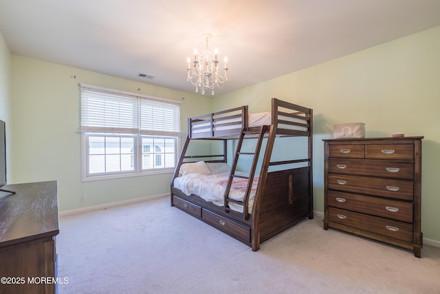 bedroom featuring light colored carpet, a notable chandelier, visible vents, and baseboards