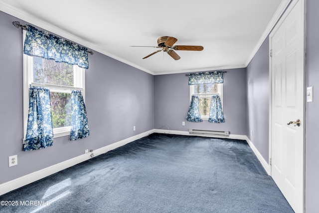 unfurnished room with ornamental molding, dark carpet, a baseboard radiator, baseboards, and ceiling fan