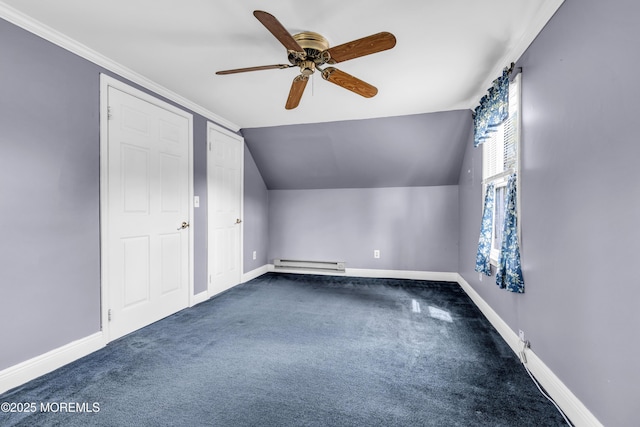bonus room featuring baseboard heating, baseboards, carpet, ceiling fan, and lofted ceiling