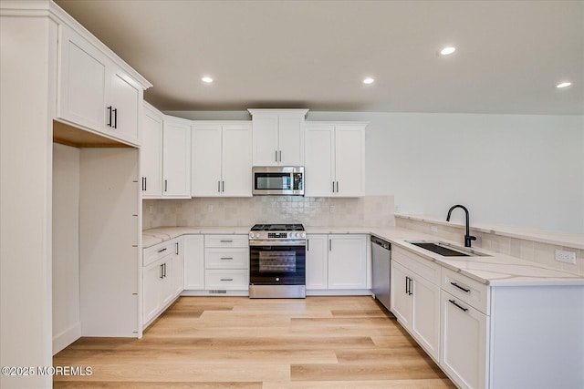 kitchen with a sink, white cabinetry, backsplash, and stainless steel appliances