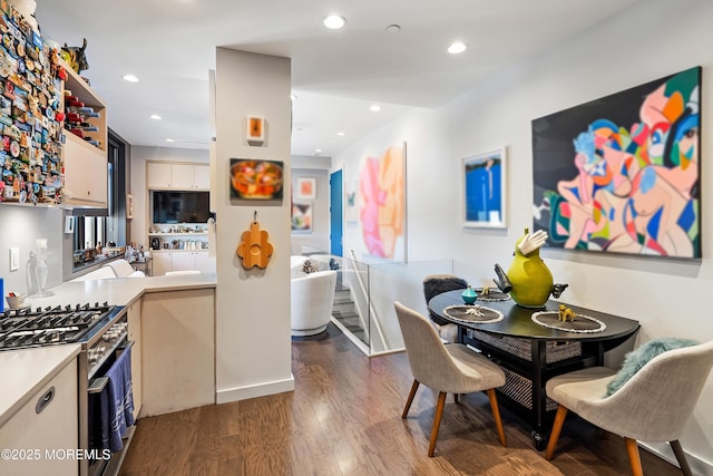 601 Bangs Ave Unit 908, Asbury Park, NJ 07712 - kitchen featuring stainless steel gas stove, light countertops, dark wood finished floors, recessed lighting, and baseboards