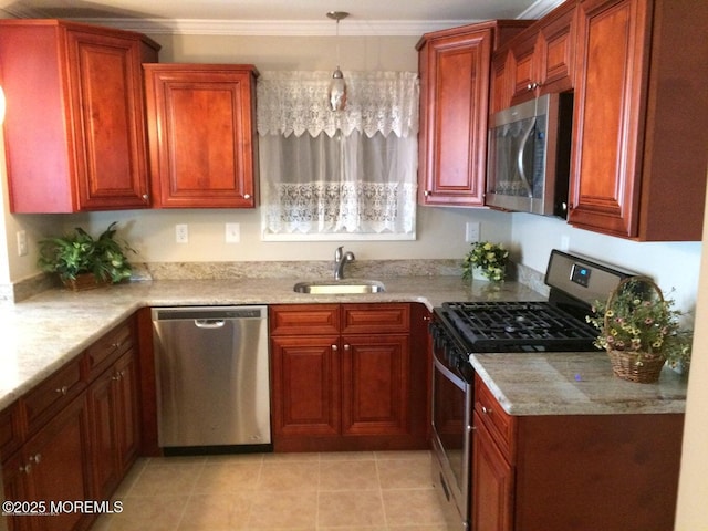 177 Pulaski Blvd, Toms River, NJ 08757 - kitchen featuring stainless steel appliances, a sink, ornamental molding, light countertops, and hanging light fixtures