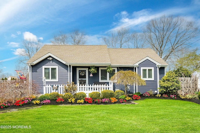 ranch-style home with fence, a shingled roof, and a front lawn