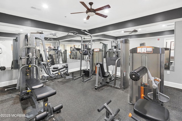 gym with baseboards, ceiling fan, recessed lighting, and visible vents