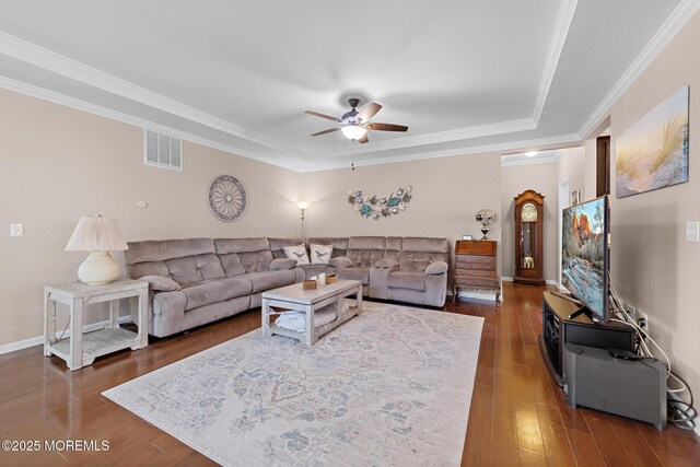 311 Newport Way, Little Egg Harbor, NJ 08087 - living area featuring ornamental molding, ceiling fan, dark wood-style floors, and visible vents