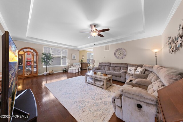 311 Newport Way, Little Egg Harbor, NJ 08087 - living room featuring ceiling fan, dark wood-style floors, a tray ceiling, and visible vents