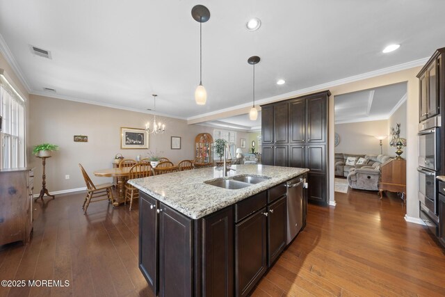 311 Newport Way, Little Egg Harbor, NJ 08087 - kitchen with stainless steel appliances, visible vents, a sink, a kitchen island with sink, and dark wood-style flooring
