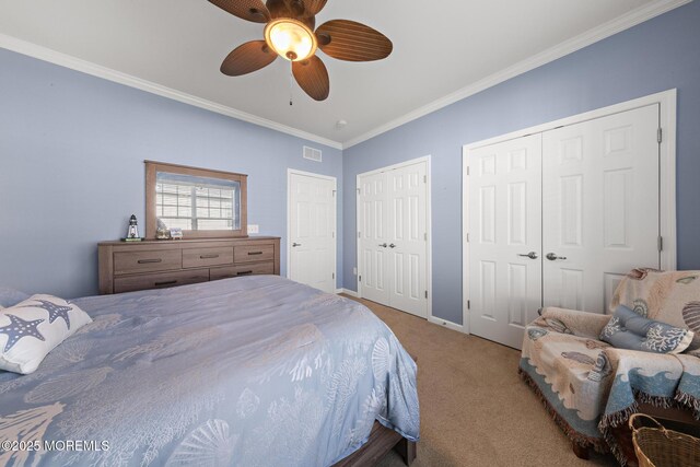 311 Newport Way, Little Egg Harbor, NJ 08087 - bedroom with multiple closets, visible vents, ornamental molding, carpet floors, and baseboards