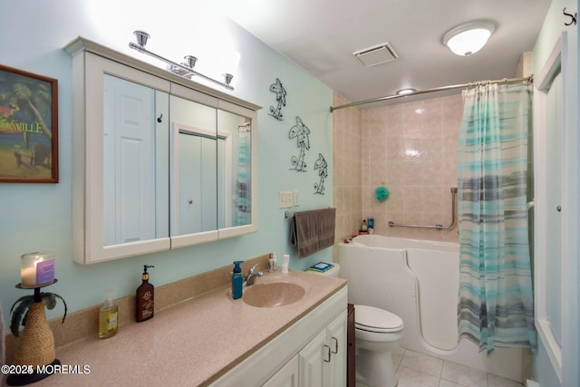 full bath featuring visible vents, toilet, shower / bathtub combination with curtain, vanity, and tile patterned floors