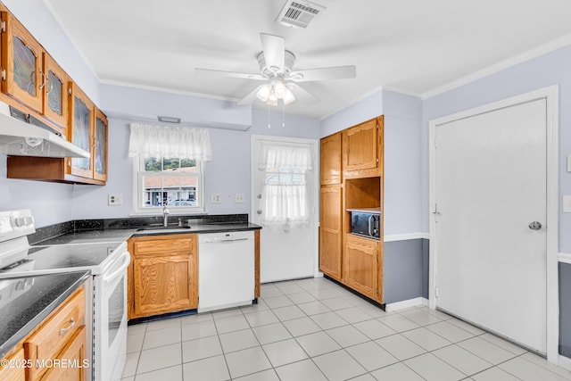 1237A Hamilton Ct, Lakewood, NJ 08701 - kitchen with crown molding, white appliances, a ceiling fan, visible vents, and a sink