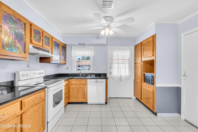 1237A Hamilton Ct, Lakewood, NJ 08701 - kitchen with visible vents, a sink, ceiling fan, white appliances, and under cabinet range hood